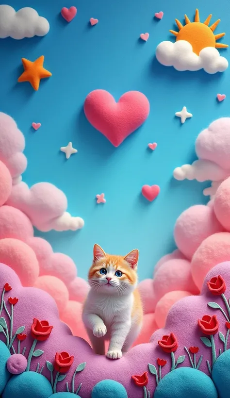 Our Felt Style，surreal space，abstract，The cats are running around.，Fluffy love heart，fluffy clouds，star，grass，flowers，In my dream、A vivid and fun way to set the stage，blue, Pink tone，bright，Art