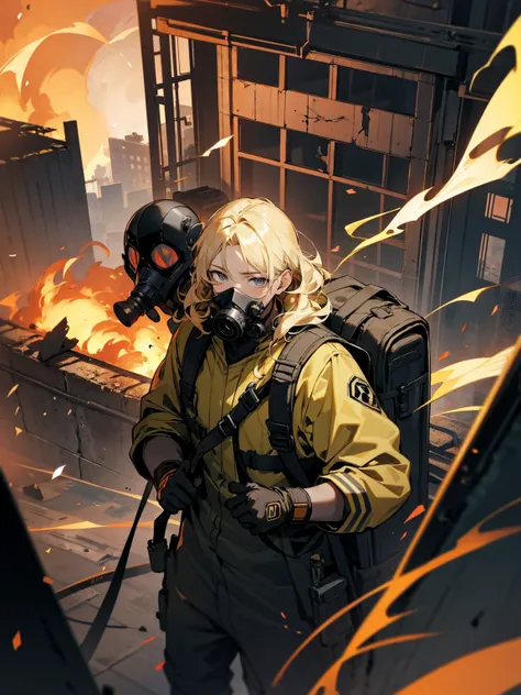 1male, gas mask, blonde hair wavy hair, adult, grey eyes, backpack, burning building, gloves