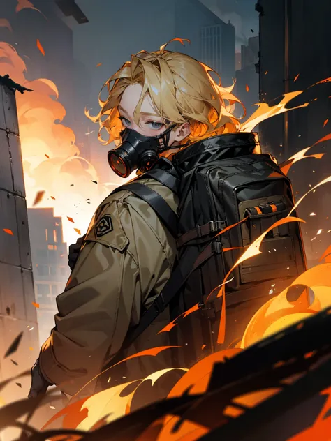 1male, gas mask, blonde hair wavy hair, adult, grey eyes, backpack, burning building, gloves