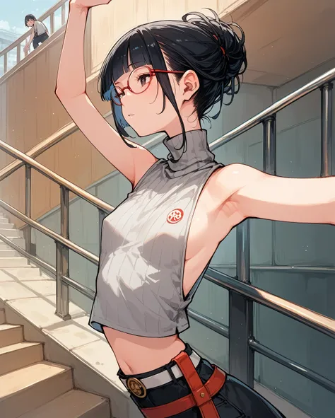 sexy,Flat Chest,Focus on your audience,Extremely thin body,Anime Style,Slender figure,delicate,Glasses,Asian woman in grey top and black pants posing on stairs, Sleeveless turtleneck, 脇が大きく開いているSleeveless turtleneck,rib cage,Sideboob,The shoulders are wide...