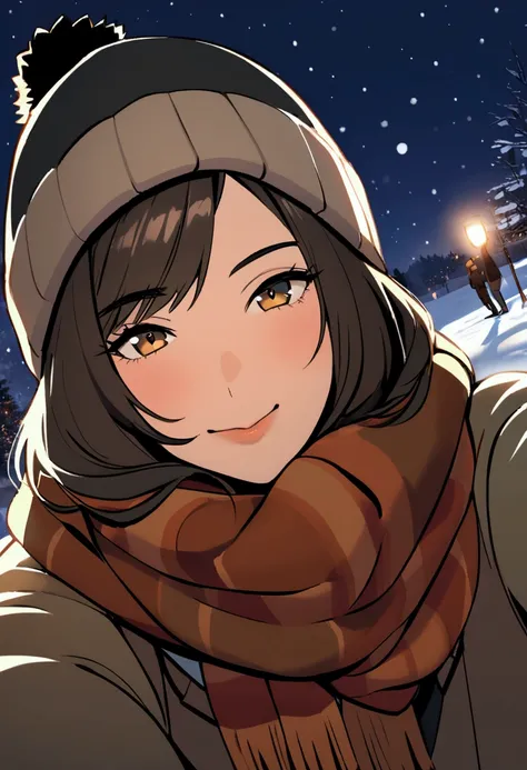 Selfie, night, snow, brown hair, scarf, beanie, selfie with a black hair male