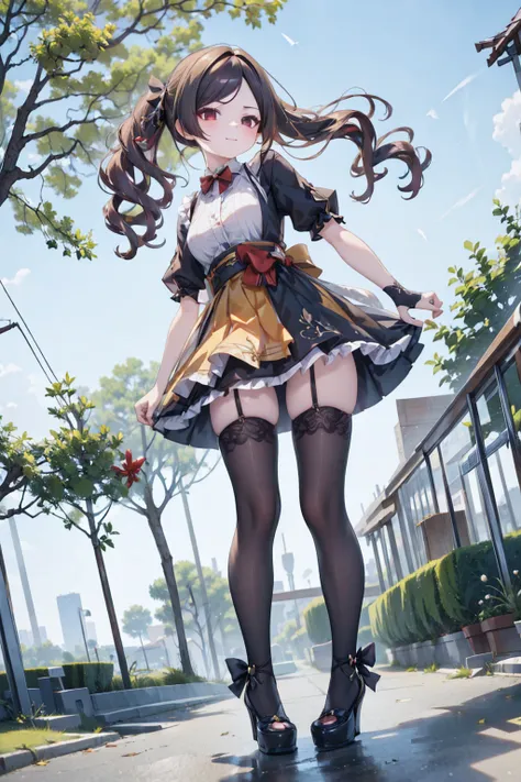 low-angle shot, smile, look at viewer, long skirt, holding down her skirt as it is being blown by a strong wind, high quality, masterpiece, ultra-fine illustrations, detailed background, realistic lighting, dynamic pose
