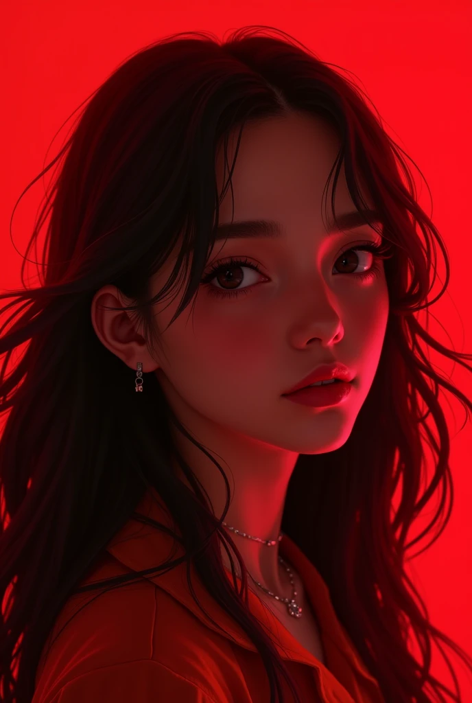 A teenage girl in a bright setting, with red predominating in the place, the blue, almond-shaped eyes expressing melancholy, long, wavy hair being blown by the wind, the marked jaw, the well-designed mouth, your striking and sexy face