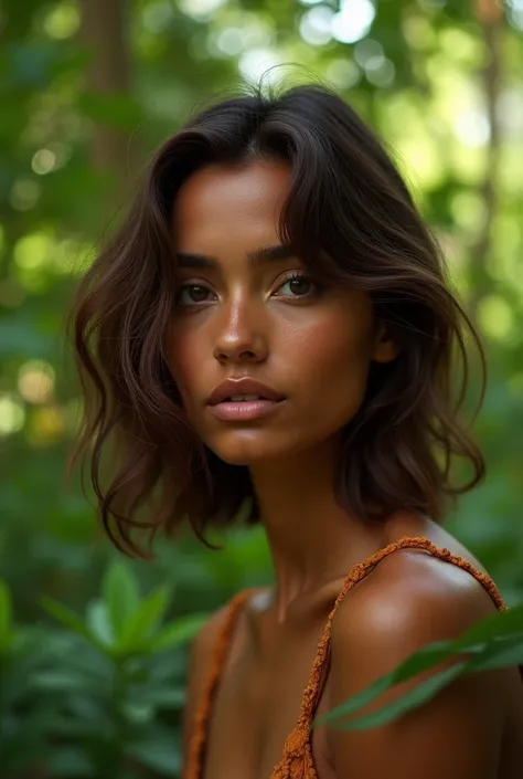 A Brazilian woman with brown skin and short shoulder-length marsala hair in a place with trees 