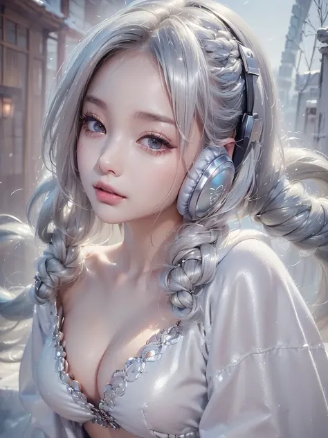 ((face, style)).((masterpiece:1.5))((alone、Woman wearing giant headphones:1.5、Detailed face、Big Eyes、Bright expression、small breasts, cleavage、Best Looks、Ultimate beauty、Shiny silver hair with highlights、明るい and shiny hair,、Modern Hairstyles、Hair dancing i...