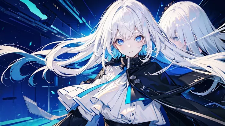 My Hero Academy Template, girl with white hair and gray eyes with dark circles, She is wearing a black heroine costume, In the background there is blue fire and it is night 