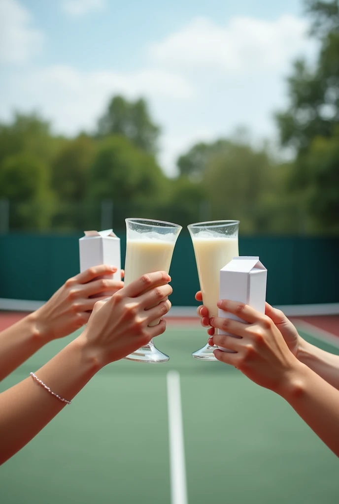 Tennis court background，Several people hold small boxes of milk and raise their glasses，Photography