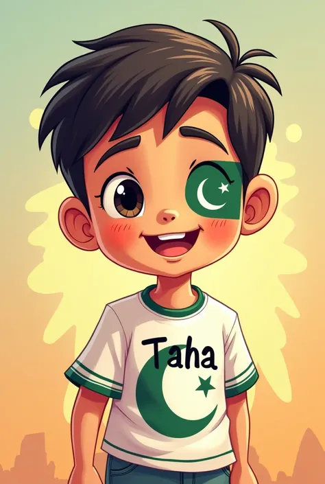 baby boy name "Taha" on shirt having pak flag on face 
cartoon animation