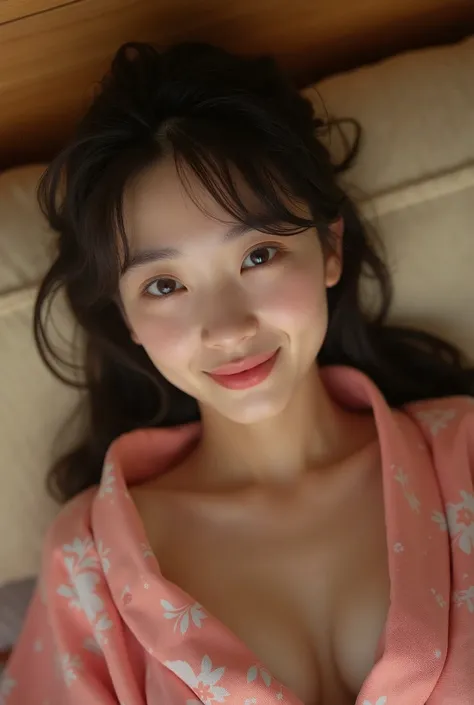 A very cute face like an idol、like々A 19-year-old woman with a cute face、Gentle and cute、A kind smile、(((Japanese Yukata)))、((night))、Sleeping on a futon in a Japanese-style room (washitsu) of a ryokan.、Cleavage、(Full body portrait)、RAW Photos、Genuine、High ...