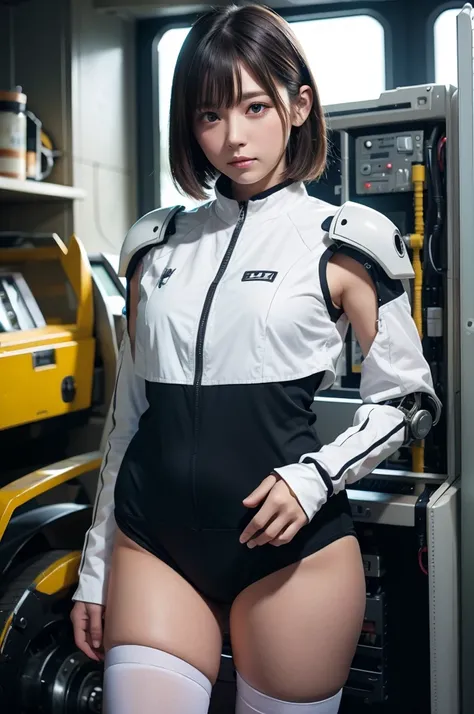 masterpiece, best quality, extremely detailed,8k portrait, Japanese android girl,Plump ,control panels,robot arms,robot,android,cyborg,white robot body,blunt bangs,robot repair plant,black knee high socks,blue eyes