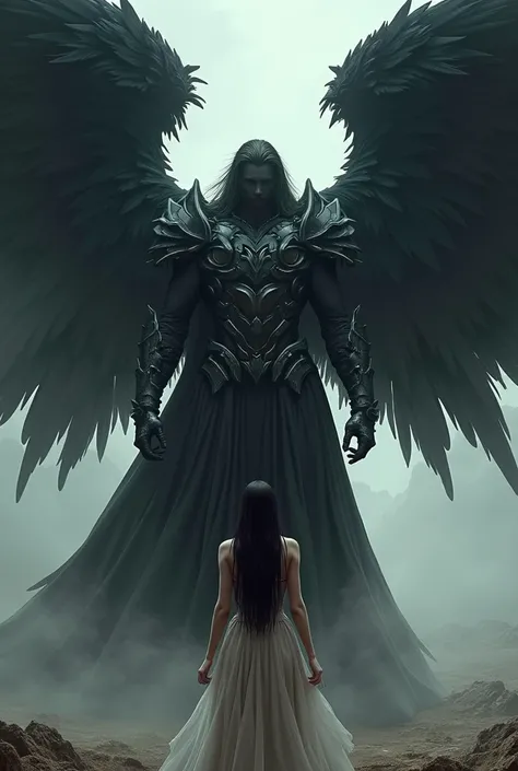 Create a highly detailed digital art piece depicting a dramatic and intense scene. The image should feature a male figure with a large, imposing set of black angel wings made of feathers, rather than mechanical elements. The wings should appear powerful an...