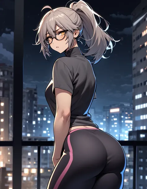 mature, golden eyes, looking at viewer, female, apartment background, messy hair, grey shoulder-length hair, ponytail, parted li...