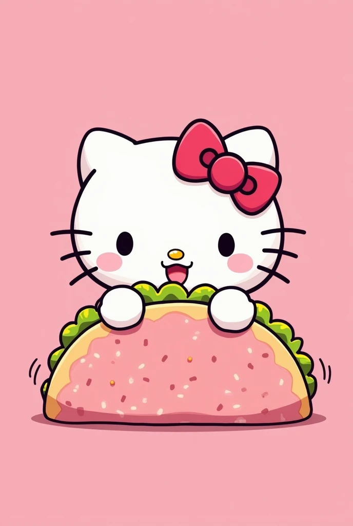 Cat with a pink ribbon collar hello kitty style white eating a pink tortilla taco anime style in the shape of a logo with a pink background 