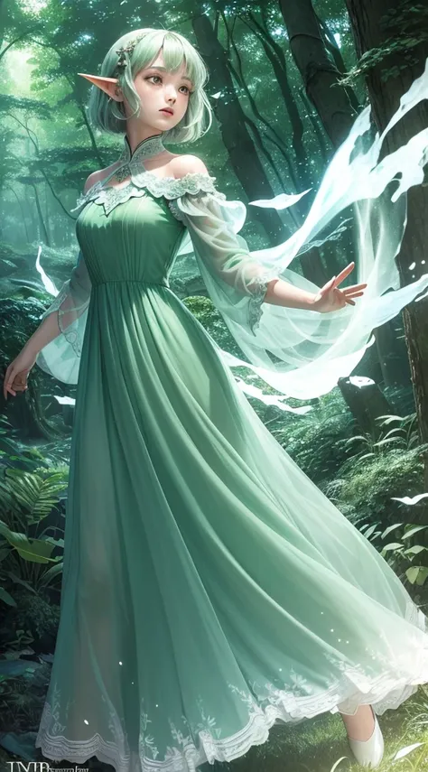 (Masterpiece, Top Quality, Best, Official Art, Beautiful and Aesthetic, Long Exposure: 1.2), Smooth Movement, Charming Patterns, 1 Girl, (Long Dress with Sleeves: 1.3), (((Green Clothes) )), upper body close-up, bare shoulders, Chinese girl, blush, black l...