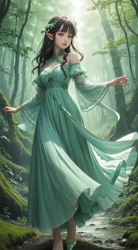 (Masterpiece, Top Quality, Best, Official Art, Beautiful and Aesthetic, Long Exposure: 1.2), Smooth Movement, Charming Patterns, 1 Girl, (Long Dress with Sleeves: 1.3), (((Green Clothes) )), upper body close-up, bare shoulders, Chinese girl, blush, black l...