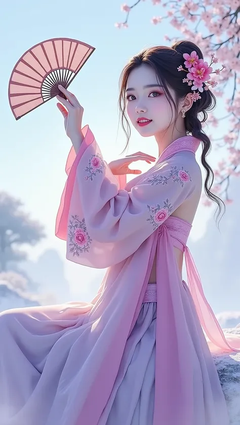 ((masterpiece, top quality, high resolution, highly detailed CG unified 8K wallpaper)), (perfect proportions, beautiful body, slim body beauty:1.3), A young asian woman dressed in a pink hanfu which has featuring intricate floral embroidery and flowing sle...