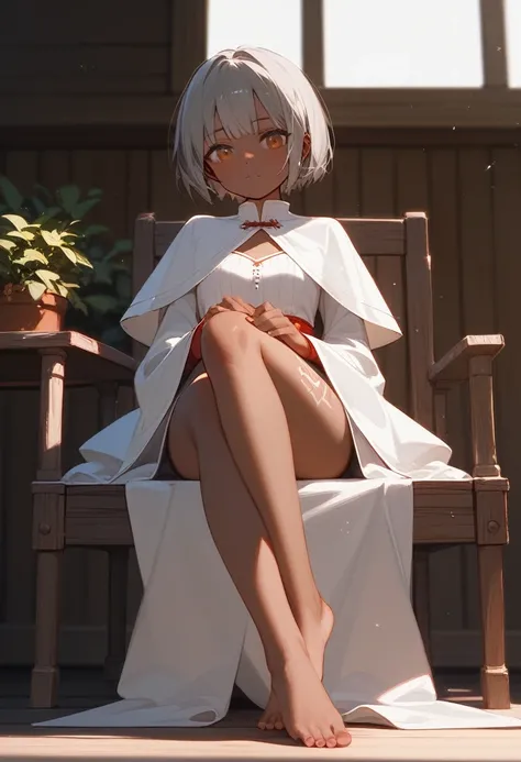 ultra-realistic,score_9, score_8_up, score_7_up, Gray Hair, short hair、Short Bob。Short bangs。Ethnic white tattoo。dark brown skin。Embarrassed expression。Ethnic red and white robes。A refreshing morning。Inside the hut。Sitting in a chair。Beautiful feet。Cowboy ...