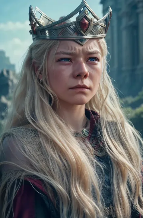 rhaenyra crying, sad, upset, wearing her crown, upper body, photorealistic (masterpiece, best quality:1.2), 1girl, solo