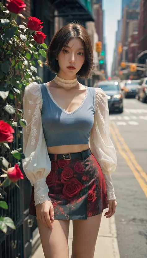 girl,1 female, Delicate eyes,Delicate face , Thigh details, On the streets of New York, Detailed background, Movie Shadows, Dramatic Lighting by Bill Sienkiewicz,XXMix _girl, Aesthetic portrait, Low angle shot of cowboy, Tight vest, (Field of Roses :1.4),
...