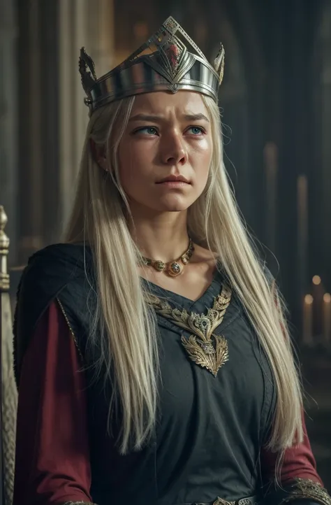 rhaenyra crying, sad, upset, wearing her crown, upper body, photorealistic (masterpiece, best quality:1.2), 1girl, solo