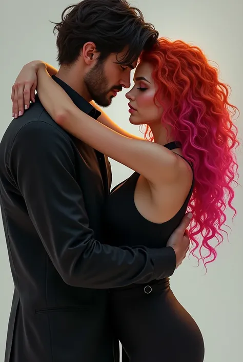 Woman with curly red hair with pink streaks wearing dark clothes and taller man with wavy hair, black and more formal clothes, hugged 