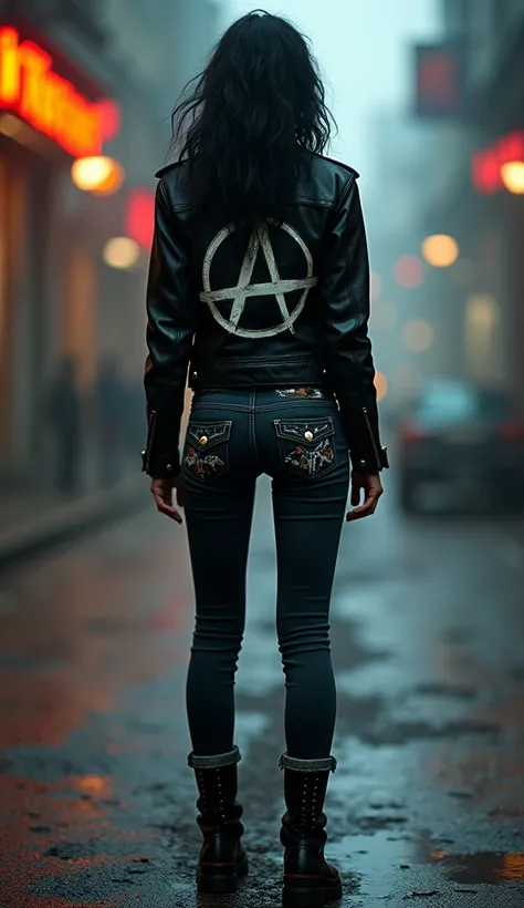 Realistic, full body shot, back view, beutiful punk woman, Black leather jacket with big anarchy symbol on back, tight and torn jeans, military shoes, Immersive background, HDR, bokeh, film grain