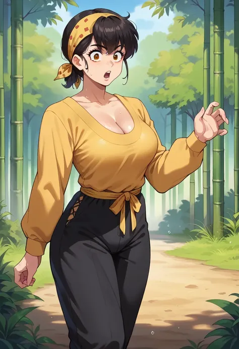 score_9, score_8_up, score_7_up, 1girl, solo, mature,female focus, medium breasts, Ryouga Hibiki, black hair,(medium hair), bangs, brown eyes, yellow bandana, yellow shirt, long sleeves, cleavage, black pants, baggy pants, surprised, wet, looking at you, c...