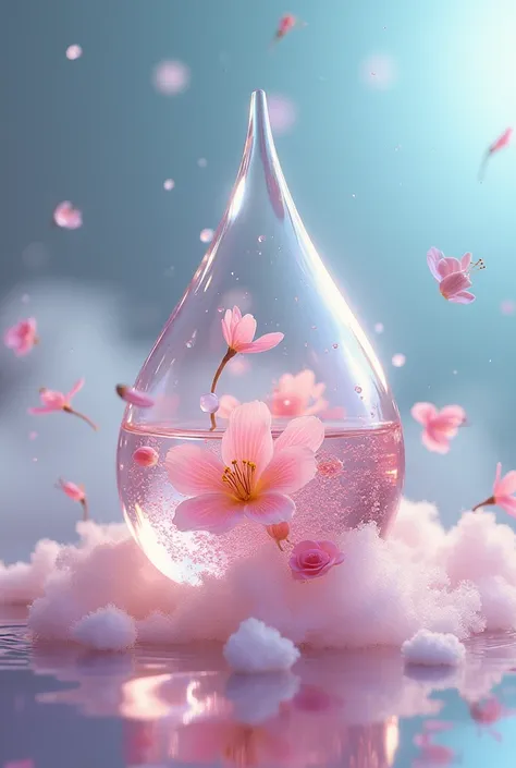 Create 4d dummy image of essential oil drop with flowers and cloud inside 