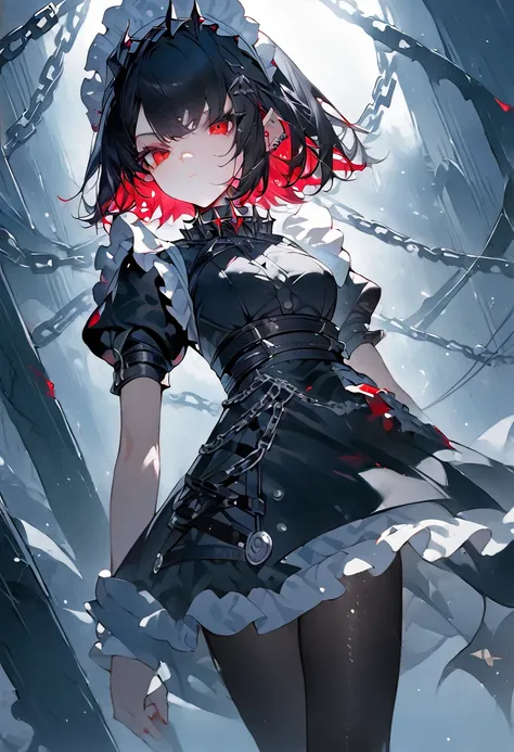 ,ellen, red eyes, black hair, short hair, colored inner hair, hairclip, ear piercing, fins, shark tail, maid headdress, hair ornament, black dress, puffy short sleeves, choker, frilled dress, high-waist apron, black pantyhose, wrists cuffs, chain, ,Express...