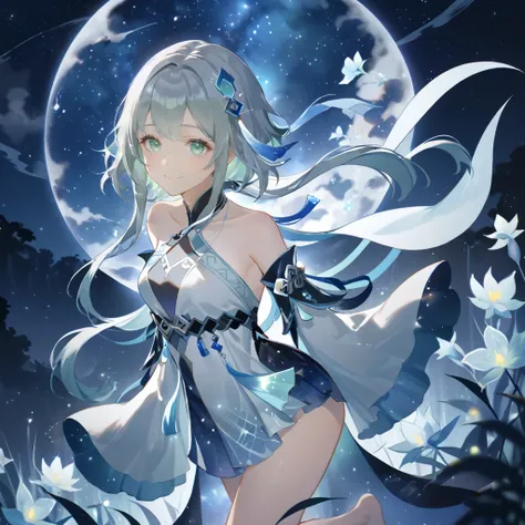 score_9, score_8_up, score_7_up, score_6_up,1girl, guizhong_(genshin_impact),(grey hair),short_hair_with_long_locks in front and low ponytail in back,gradient_hair,(pale grey eyes with seafoam gradient),starry_sky_print,detached_sleeves white outside blue ...