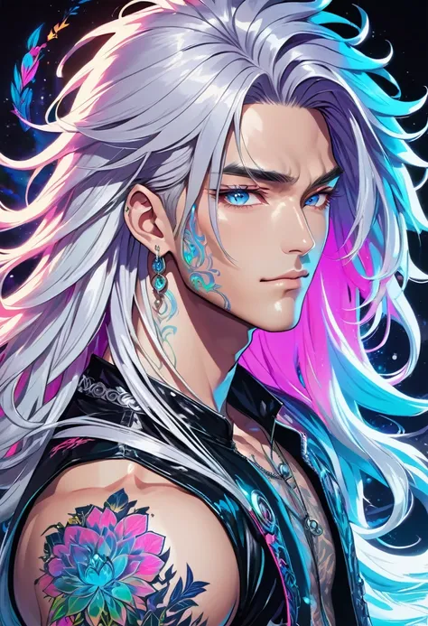 manga art comic in the style korean male idol, slim muscular figure, adorned with uv- neon floral tattoos enveloping the neck an...