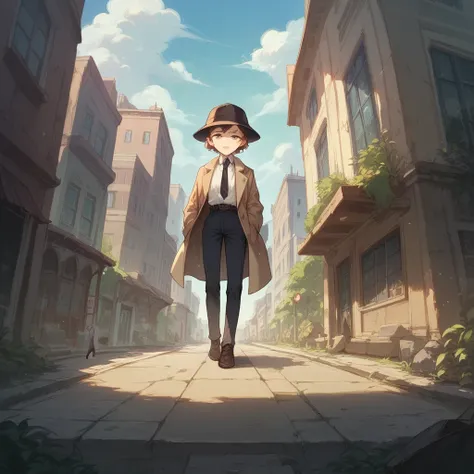 Young female detective, wear black dress pants, a white blouse with a tie, He wears a short hat and wears a trench coat. In the background a city with giant buildings 