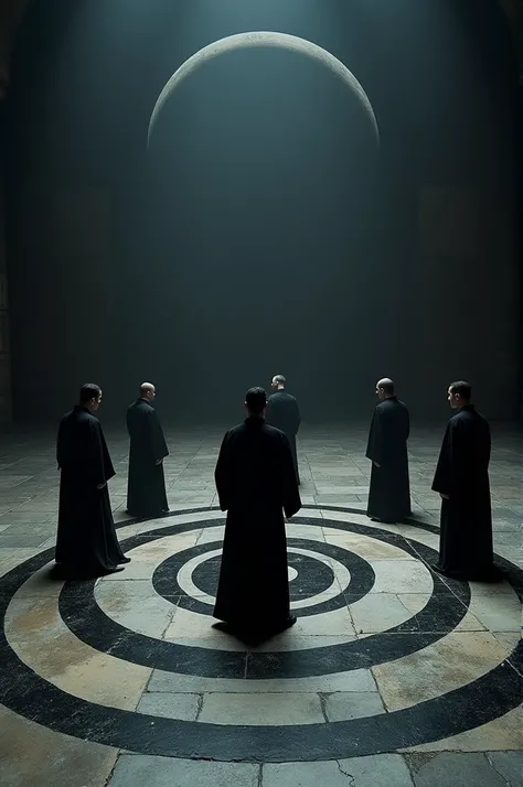 Six men, wearing black robe, standding on a huge black circle magic jin painted on a dark underground floor