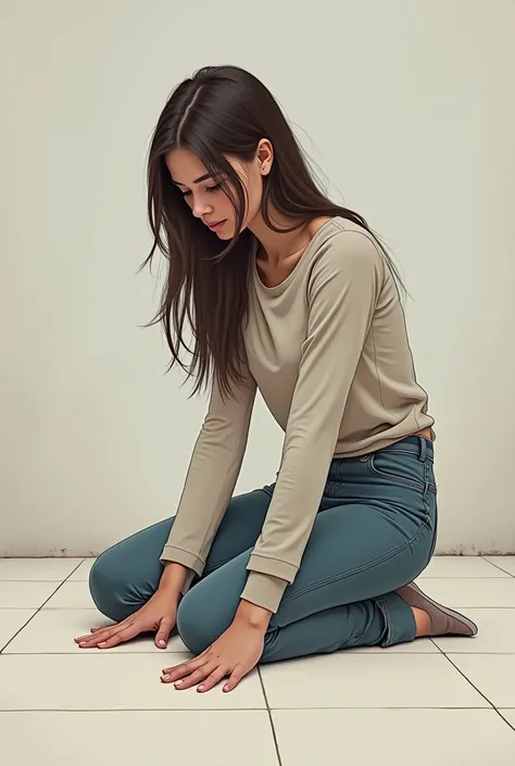 Woman in jeans and long sleeve t-shirt kneeling on the floor touching the floor front view
