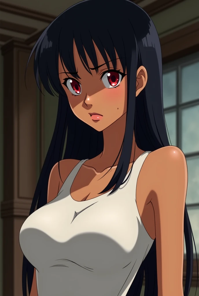 take from the waist to the head, animation style Toei animation, anime One Piece. 23 year old woman. Dark skin. jet black hair with red tips. straight hair down to the ears. bright scarlet eyes ,peach colored lips, soft features, annoyed and mature express...