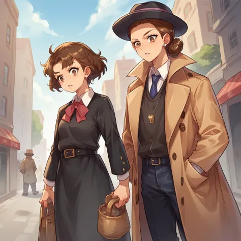 Young female detective, Long brown hair, wear black dress pants, a short hat and wears a trench coat, In the background a city with giant buildings 