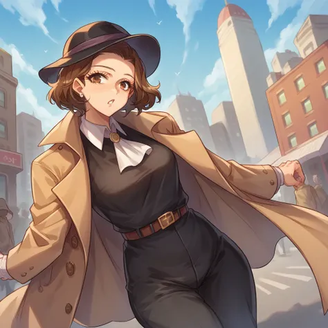 Young female detective, Long brown hair, wear black dress pants, a short hat and wears a trench coat, In the background a city with giant buildings 