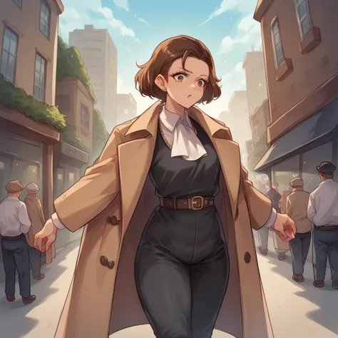 Young female detective, Long brown hair, wear black dress pants, a short hat and wears a trench coat, In the background a city with giant buildings 