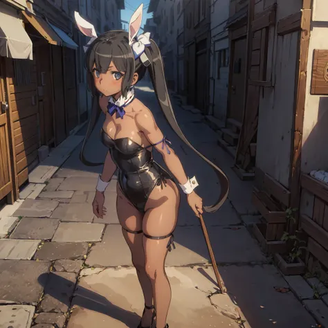 misakiao, 1girl, masterpiece, highly detailed, absurdres, illustration, game cg, solo, hair ribbon, looking at viewer, blush, city street, (bunny), bunny ears, strapless leotard, detached collar, pantyhose, high heels, standing, ((((dark skin))))