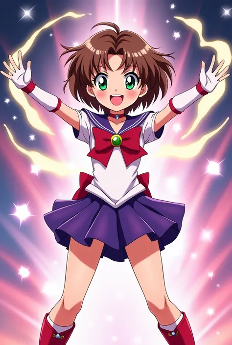 anime girl, green eyes, short brown hair, with a happy expression, dressed in Sailor Moon Saturn transformation