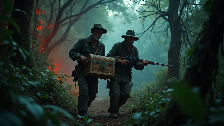 Two Cambodian hunters carrying guns carrying a treasure chest through the forest, scary in the evening with many red eyes watching View from above 8k  