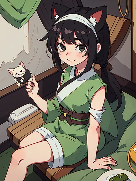 1 girl, animal ears, bangs, black eyes, green hair, straight bangs, cat ears, closed mouth, freckles, holding, holding a frog, indoors, Japanese clothes, long sleeves, looking at the viewer, two pigtails, sitting, smile, solo, wide sleeves, Chinese interio...