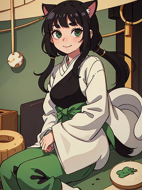 1 girl, animal ears, bangs, black eyes, green hair, straight bangs, cat ears, closed mouth, freckles, holding, holding a frog, indoors, Japanese clothes, long sleeves, looking at the viewer, two pigtails, sitting, smile, solo, wide sleeves, Chinese interio...