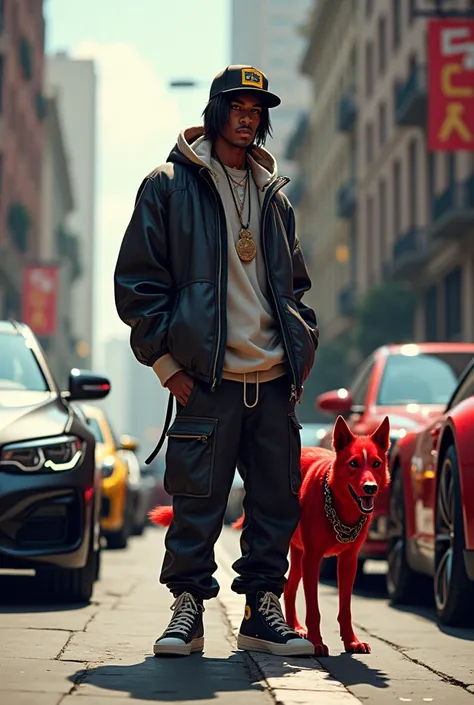 A hippop guy wearing cap and oversized clothes with red Devil dog standing on the street around luxurious cars in High class City 