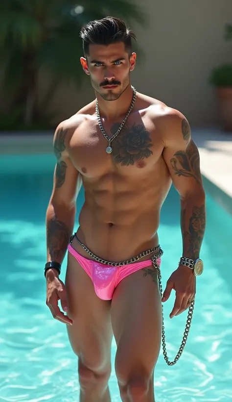 Fullbody standing picture of white skin Handsome muscular horny nude sexy gay boy wearing sexy shiny pink latex harness, shiny black Disconnected Pompadour oiled hair style, mustache, blue eyes, shiny black varnished vinyl shoes, red lip, chain, tattoos, h...