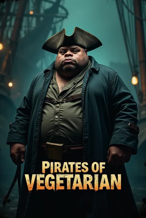 Create a cinematic poster featuring photorealistic portrait of Dressed animals - a ((fat)) rhyno pirate, , wearing  pirate costume and  pirate hat , with a serious, intense expression, He should be slightly off-center in the composition, The background sho...