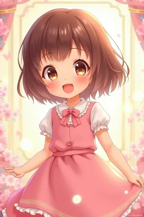 A 7-9 year old girl in anime style, He has medium-short brown hair, She wears a pink dress while smiling