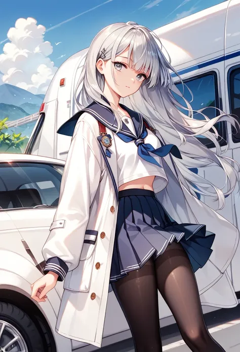 Anime Style,beautiful girl,Layering,((On the outside, he is half-dressed in a white coat.)),(Sailor collar uniform),shirt, Pleated skirt,(Black Pantyhose),Air Van, Long Hair, (Silver Hair), 