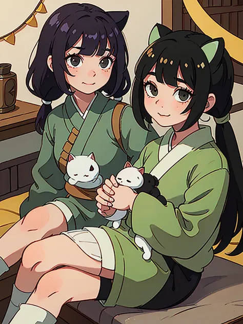 1 girl, animal ears, bangs, black eyes, green hair, straight bangs, cat ears, closed mouth, freckles, holding, holding a frog, indoors, Japanese clothes, long sleeves, looking at the viewer, two pigtails, sitting, smile, solo, wide sleeves, Chinese interio...