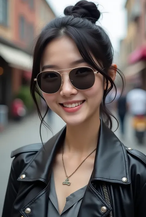 Beautiful young woman of the year、 Korean women、Black Hair、Hairstyle bun、Necklace around the neck、sunglasses、leather jacket、shirt、smile, Beautiful teeth alignment、Intricate details, Very detailed:1.2), 、 Looking into the camera,The background is the town、E...